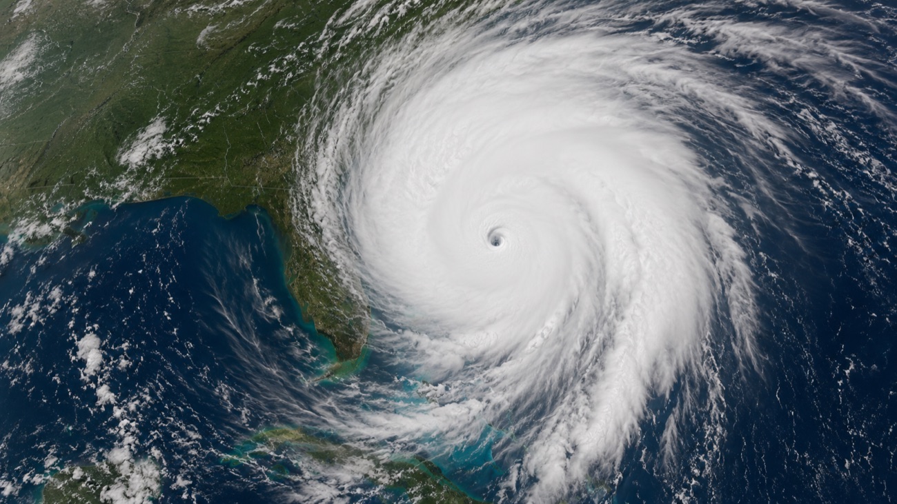 Aerial view of a hurricane approaching the Florida coast