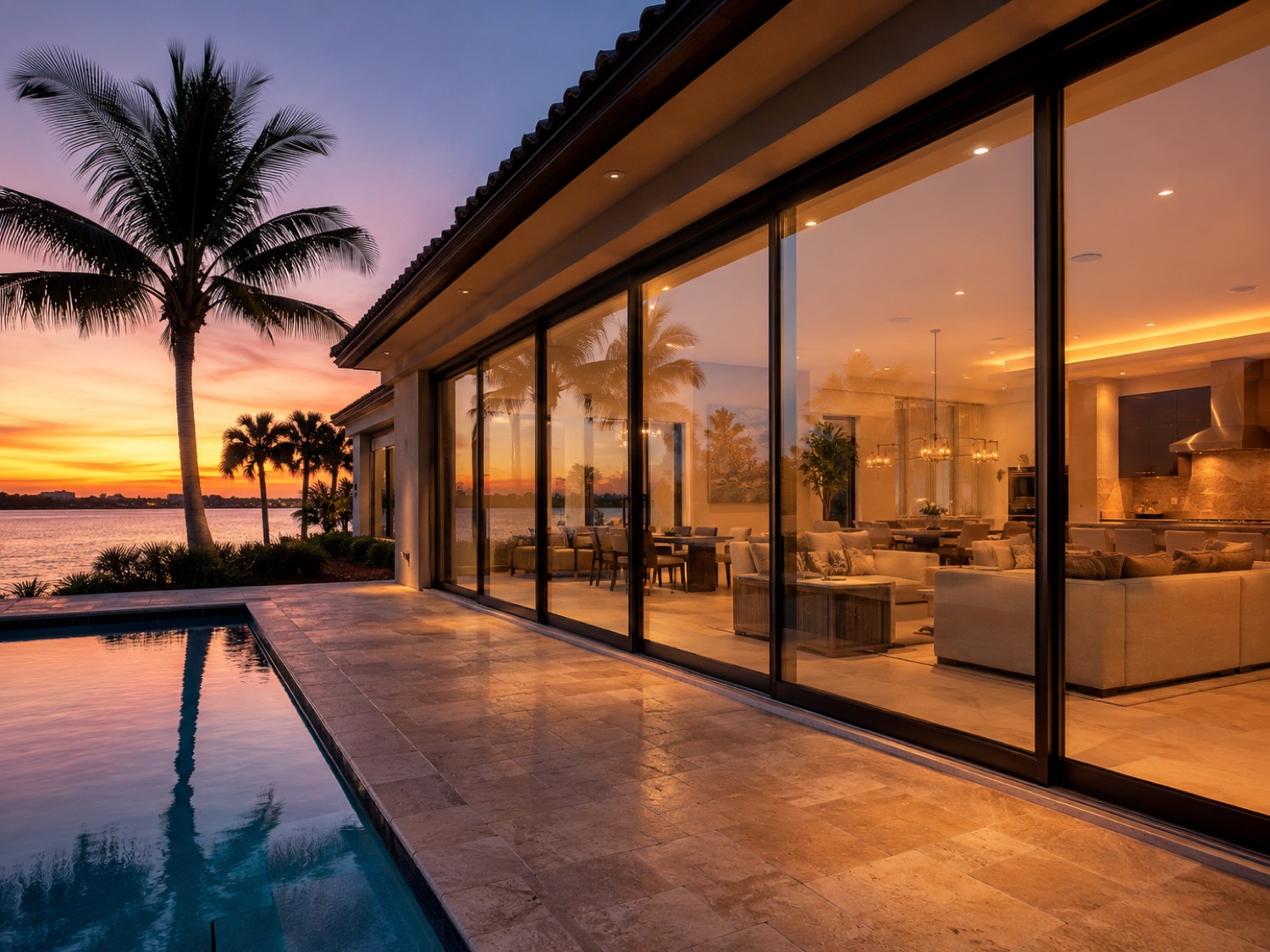 Lanai with floor-to-ceiling sliding impact glass doors at sunset
